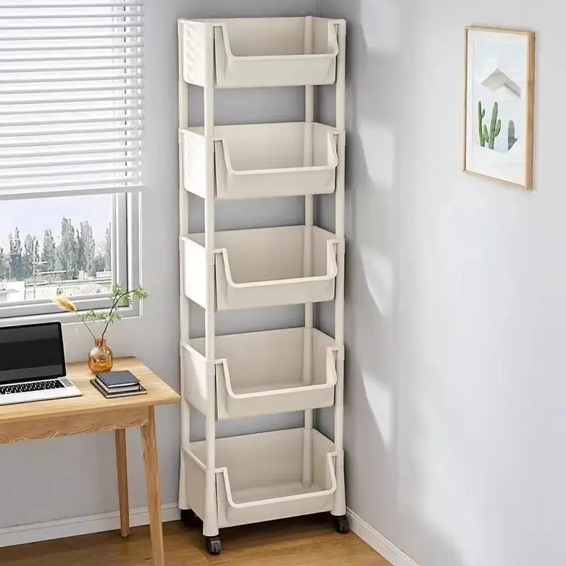 5-tier multi-functional plastic storage cart; allows for flexible layer configuration; equipped with wheels for mobility; suitable for various settings such as the kitchen, bathroom, living room, and bedroom. multi-layer shelf category label, Organiser, 5
