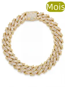 ⑥Space ice   MOIS 16mm Iced Out Cuban Link Chain with Dove & Rose Motifs, Baguette & Round Mois Encrusted Hip Hop Necklace for Men, Tarnish-Resistant Gold Tone Streetwear Jewelry