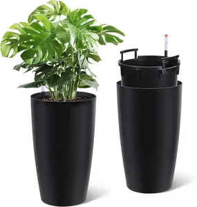 Set of 2 Tall 16"/22" Self-Watering Planters – Large Plastic Flower Pots with Built-in Drainage & Water Level pointer – Indoor Outdoor Use for Patio, Porch, Living Room, Office
