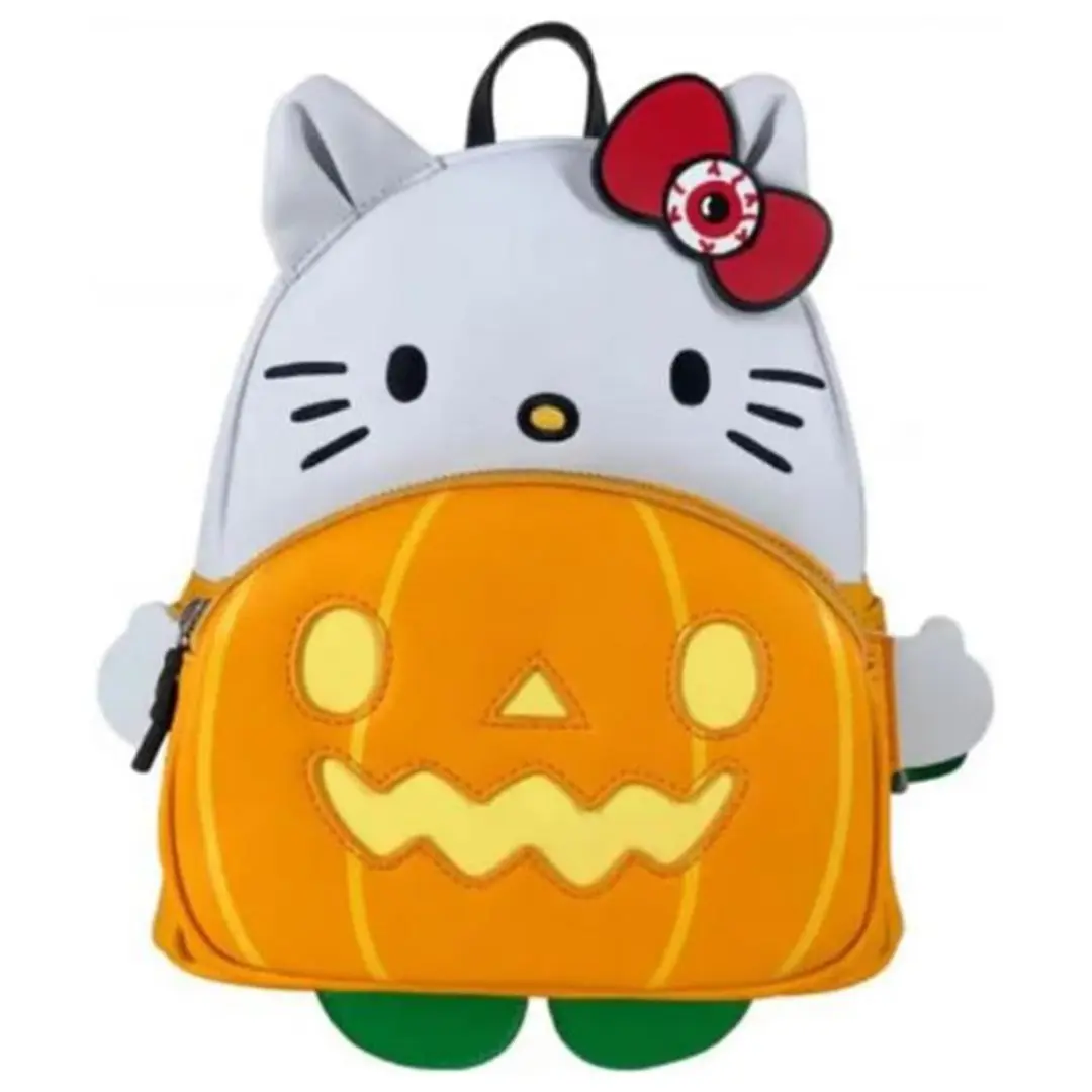 Loungefly Sanrio Hello Kitty Vegan PU Leather Mini Backpack - Knit Texture, Cartoon Character Graphics, Embroidery, Glow Feature, Pumpkin-Holding Design, 9in W x 10.5in H x 4.5in D, Synthetic, Stylish Daypack, Cosplay Functional Bag, Compact, No Wheels, E
