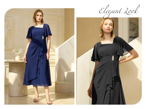 Ever-Pretty Valentine dress holiday dress  Flutter Sleeve Chiffon Midi Dress with Asymmetric Neckline, Waist Rhinestone, Tiered Skirt & Smocked Back for Formal dress,Evening dress 2463