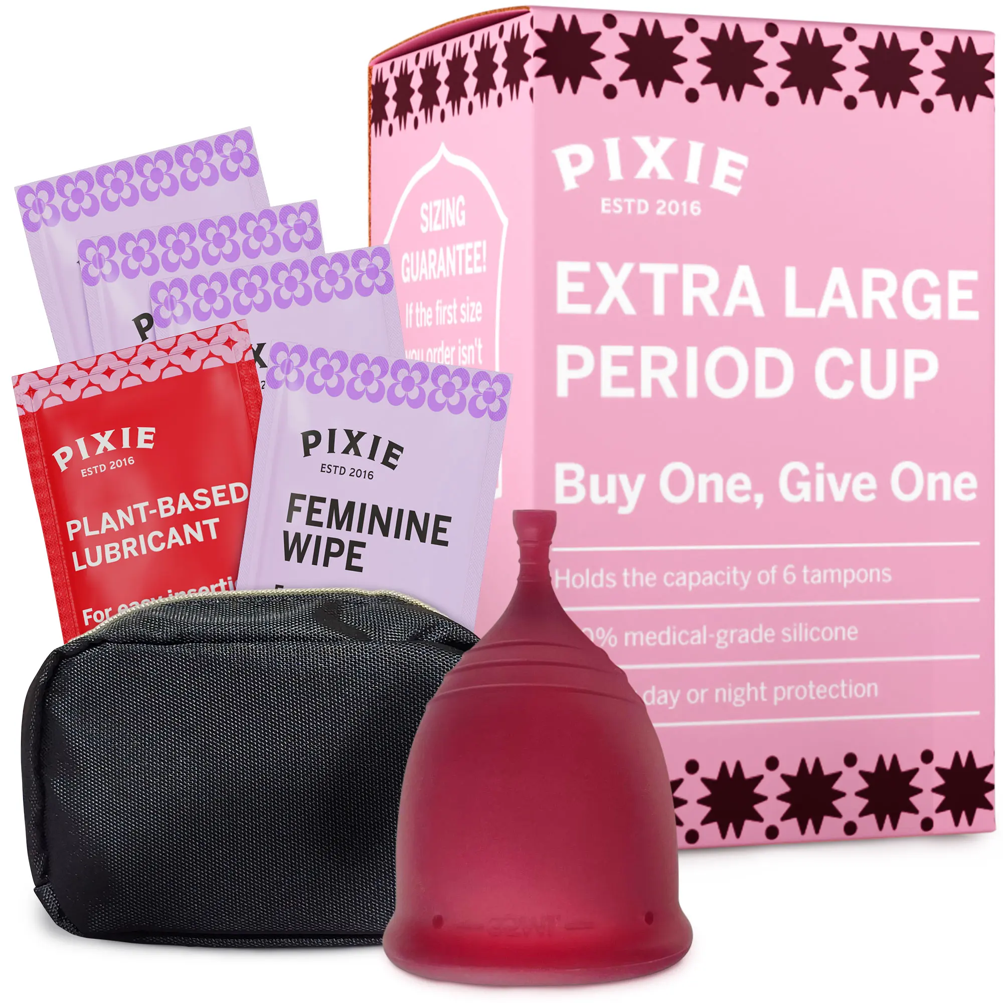 Pixie Soft Menstrual Cup - Ranked 1 for Most Comfortable Reusable Period Cup - Buy One We Give One - Includes Ebook Guide, Cleaning Wipes, Lube, & Storage Bag - Tampon and Pad Alternative (Extra Large, Plum)