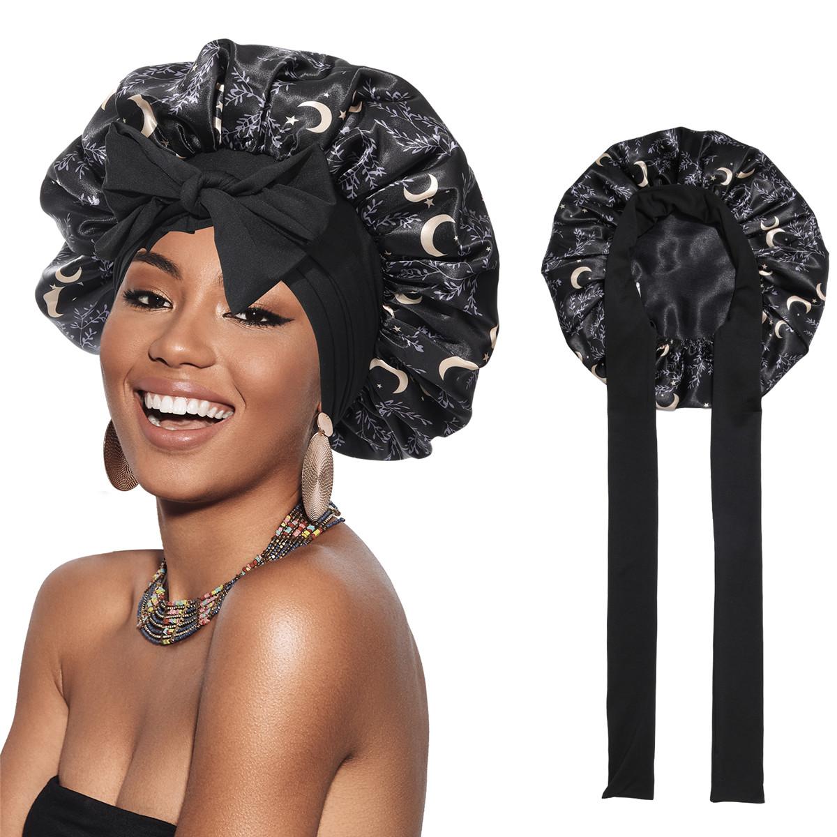 Double Layer Satin Bonnet Silk Like Texture for Sleeping Sleep Cap Hat Hair Bonnets with Elastic Tie Band for Curly Hair Nightcap Gifts for Women