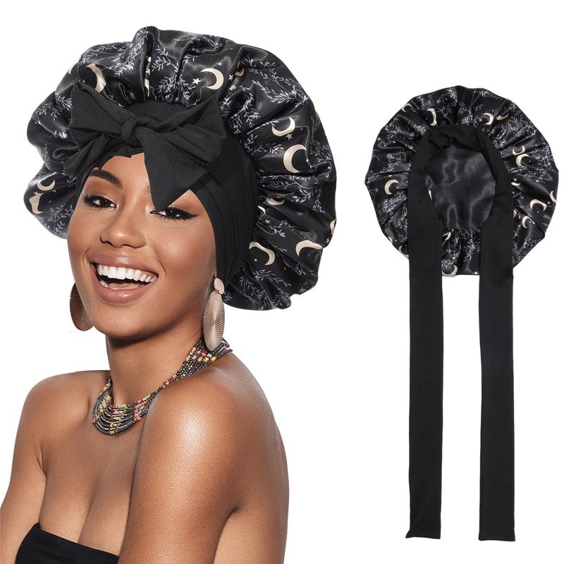 Double Layer Satin Bonnet Silk Like Texture for Sleeping Sleep Cap Hat Hair Bonnets with Elastic Tie Band for Curly Hair Nightcap Gifts for Women