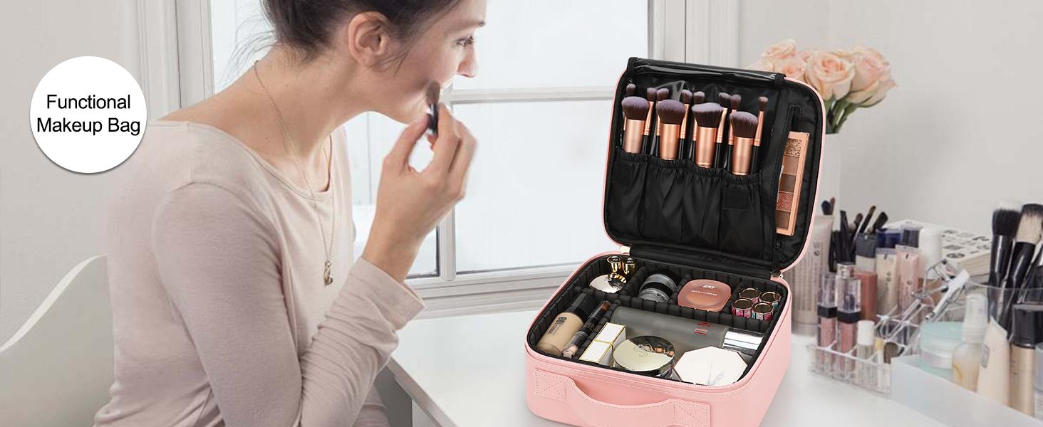 Travel Makeup Bag Cosmetic Bag Adjustable Dividers, Makeup Organizer Bag ,Waterproof, Professional Cosmetic Artist Organizer.Makeup Train Case Cosmetic Case Organizer Portable Artist Storage Bag Perfect Christmas Gift For Friend & Family