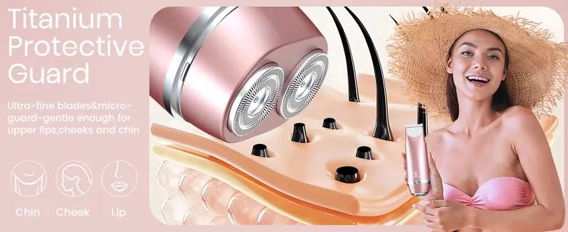 Akunbem 2 in 1 Women's Electric Shaver Dual Head Bikini Trimmer IPX7 Waterproof Wet Dry Use Body Hair Trimmer Facial Hair Remover for Bikini Underarm Leg Arm Body Face