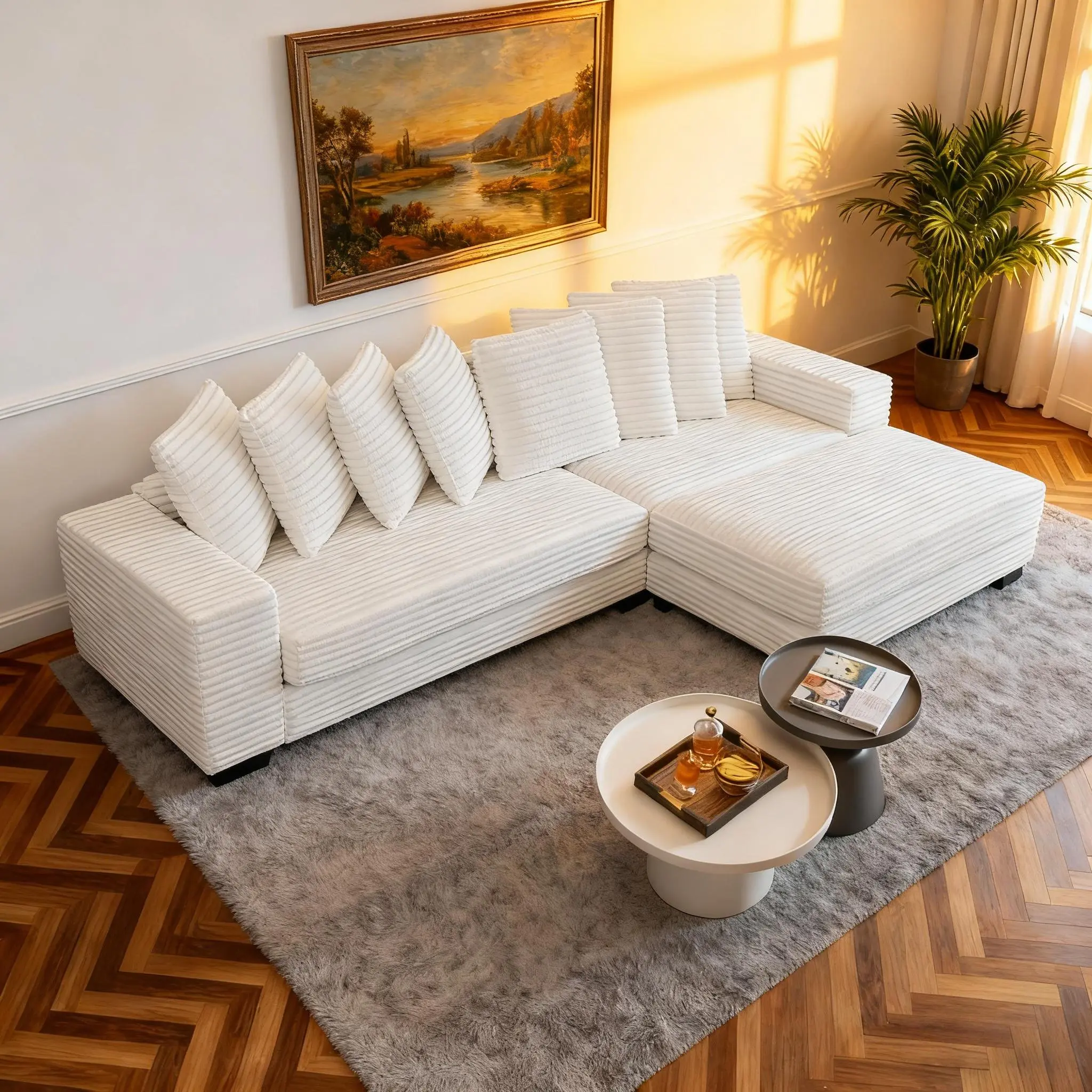 Beige + Wood + Modern + 3 Seat Right Chaise Daybed