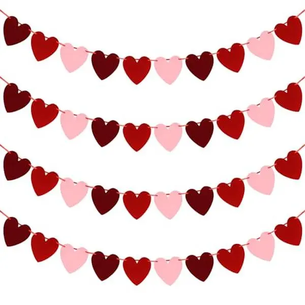 40 Felt Hearts Valentines Decor, 4PCS Valentines Love Garland, Red Pink Burgundy Love Banner, Pre-Assembled Valentine Banner Adjustable Heart Home Decor Bedroom Wall Window Fireplace