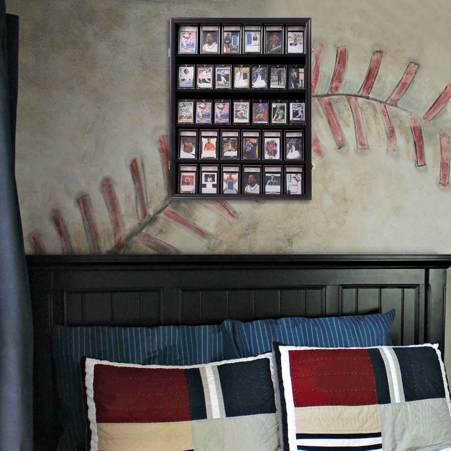 Baseball Card Display Case 3Pack - 35 Graded Sports Card Display Frame - Holds Sport Cards with UV Protection Clear View Lockable Wall Cabinet for Football Basketball Trading Card Vertical Rod Sleeves