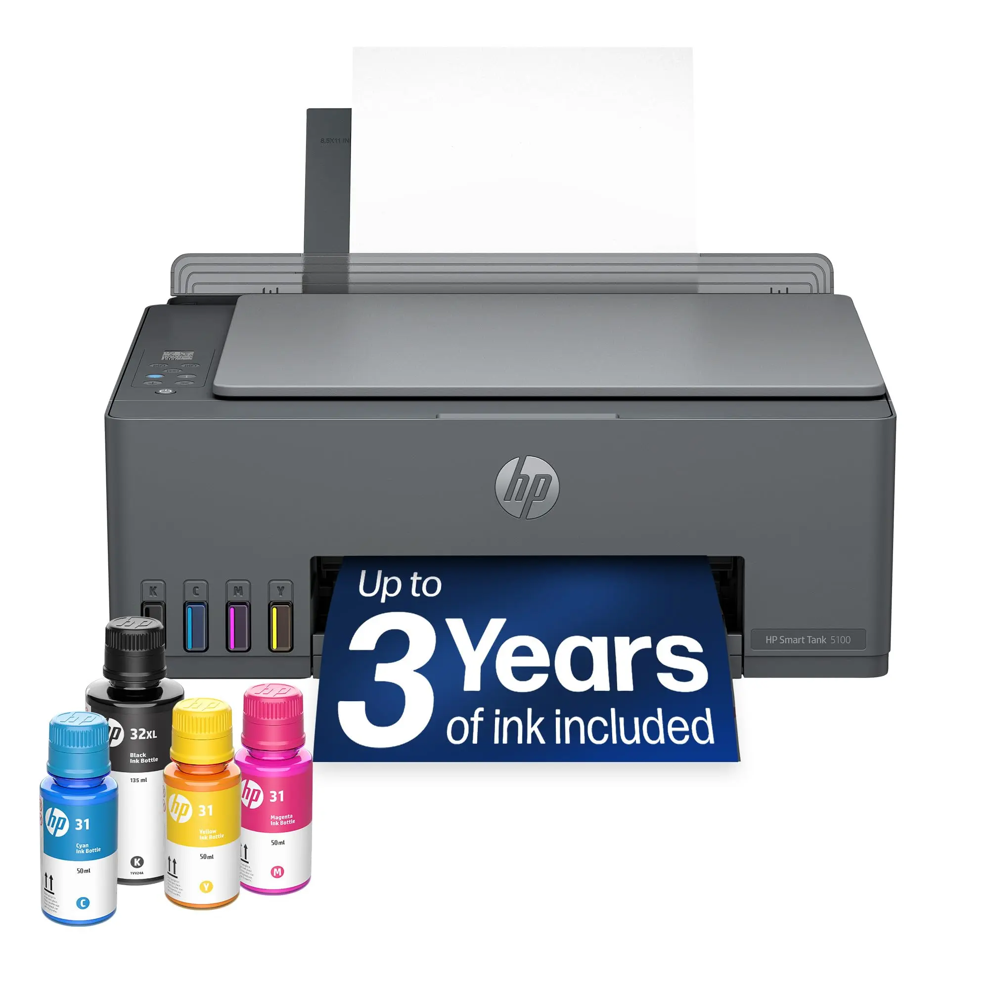 HP Smart Tank 5100 Wireless All-in-One Refillable Printer, Scanner, Copier with up to 3 Years of Ink Included, Best-for-Home, Cartridge-Free, AI-Capable (D06BLA)