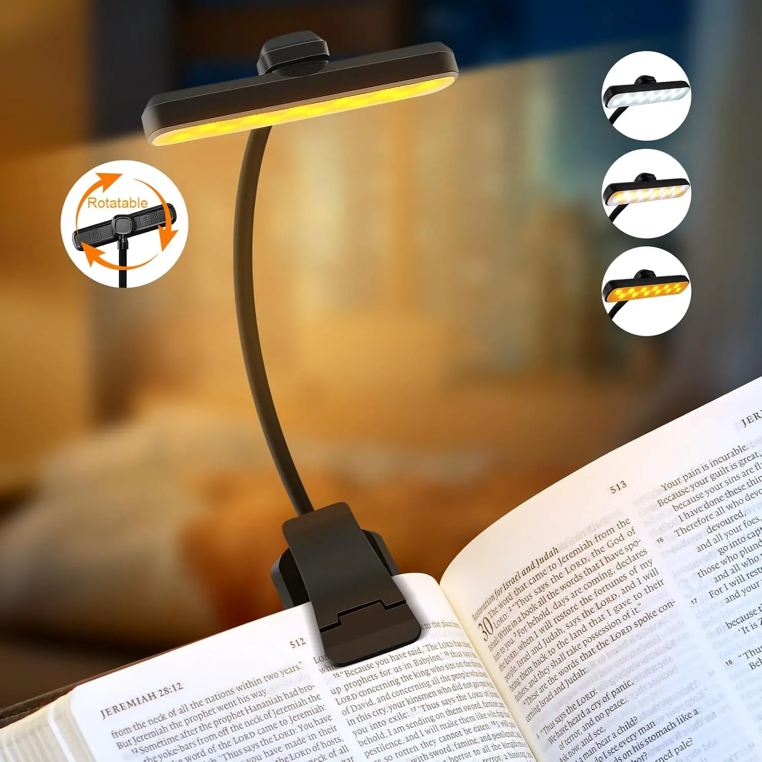 USB-Rechargeable 24 LED Book Light for Reading, 360° Flexible Gooseneck, 5 Color Tones, Clip-On for Books/Tablet, USB-C Charging, 80H Glare-Free Eye Care (Great Mother’s Day Gift Option)