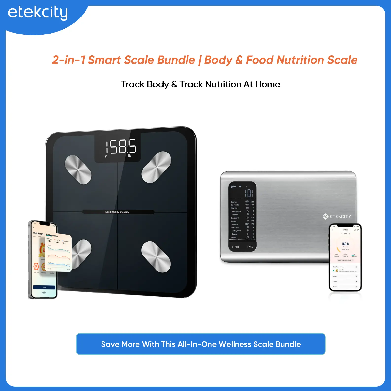 Etekcity Rectangular Intelligent Bathroom Body Fat Scale Bundle - Digital Accurate Weighing Scale, Bluetooth Composition Tool, Food Nutrition Tracker, Vesync App Integration for Sports Self Care Products Healthcare HomeEssentials, Fitness