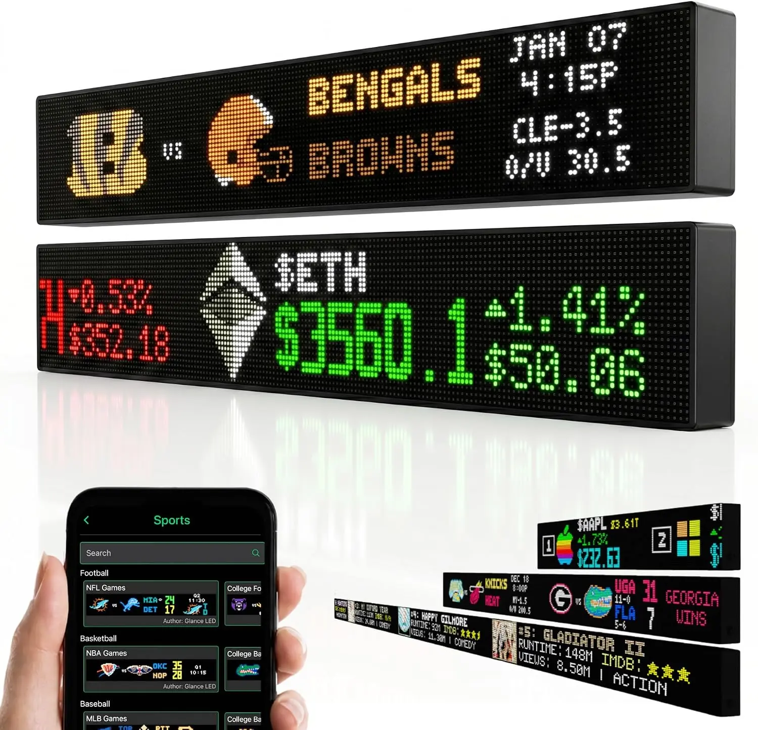 Glance Scroll Customizable Scrolling LED Ticker Display - 60x6 in Made in USA, for Live Sports & Stock Market, Home Man Cave Novelty Lighting