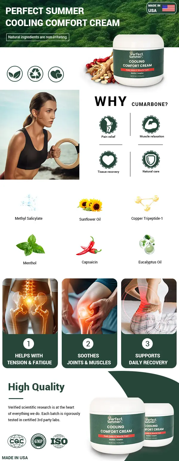 Product Introduction of Perfect Summer Joint Relief Cream High Menthol Relief Cream - Soothes Knees, Lumbar Spine, Neck, Hands and Feet 4 oz; Contains Menthol, Camphor, Copper Tripeptide-01, Capsaicin, Clove Oil and Sunflower Seed Oil 0