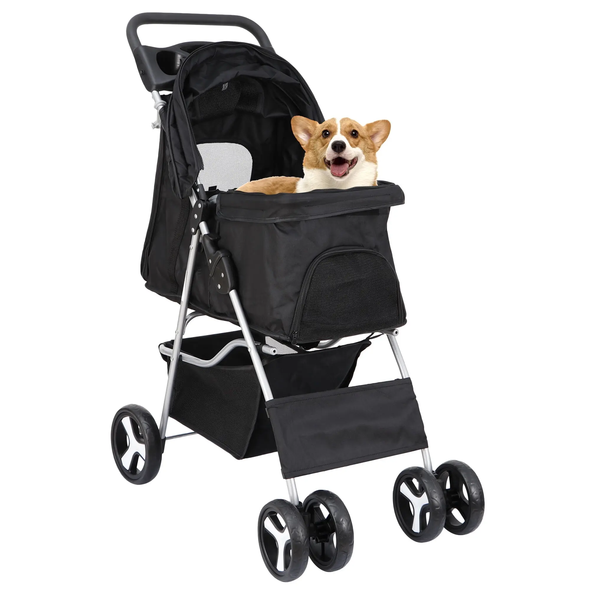 NOVA 4-Wheel Folding Pet Stroller for Small Dogs & Cats - Oxford Fabric Folding Cart with 360° Swivel Wheels, Zipper, Metal Parts, 29in L x 18.5in W x 39.5in H, 33lbs Capacity, Storage Space, Cup Holder, Tray, Ventilated Mesh Windows