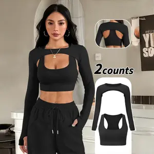 Hijesse Women's Seamless Two-Piece Sports Top Set, Hollow Long Sleeve Hoodie + Backless Sport Bra, Slimming Yoga Daily Wear