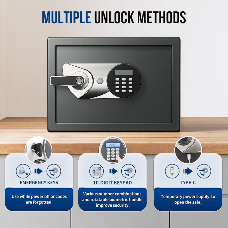 BlackSmith Home Safe 1.0 Cub Biometric Safe Box Fingerprint Recognition Security Safe with Keys Keypad Lock Box Secure Jewerly Valuables Wall Mount Cabinet Safe with LCD Display Dual Alarm System