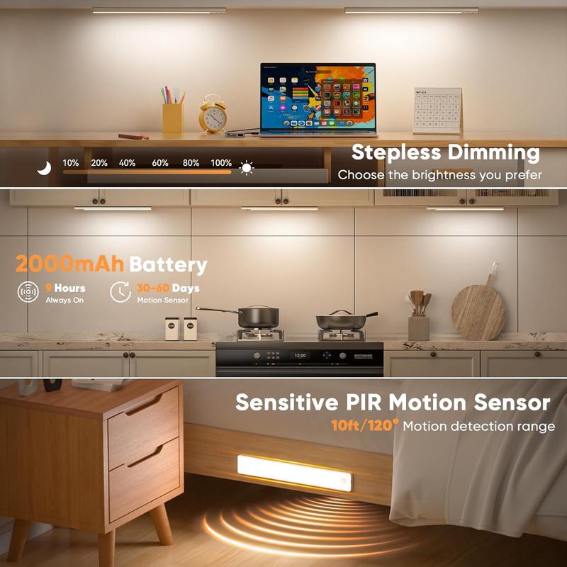 4PC Under Cabinet Lighting Motion Sensor Light Indoor USB Rechargeable Battery Operated with Magnetic Closet Kitchen Counter Motion Activated Auto Shut Off Eye Care Gradual Brightness 2 4 Pack Led Strip