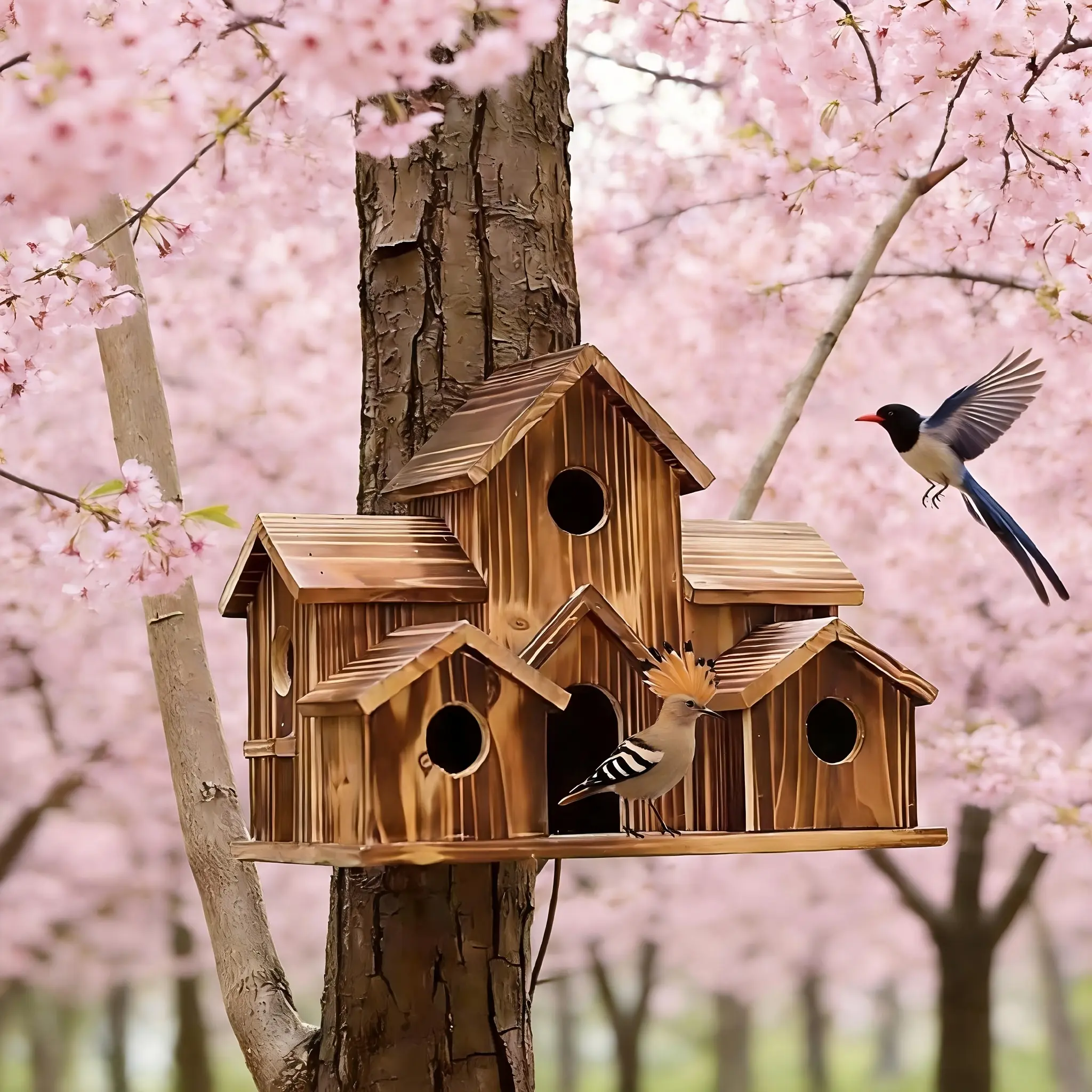 Wooden Outdoor Garden Nesting Box Bird Cage & House - 6-Room Multiple-Chamber Hanging Country Cottage Style, Water-Resistant Bird Supply for Swallows, Bird Supplies