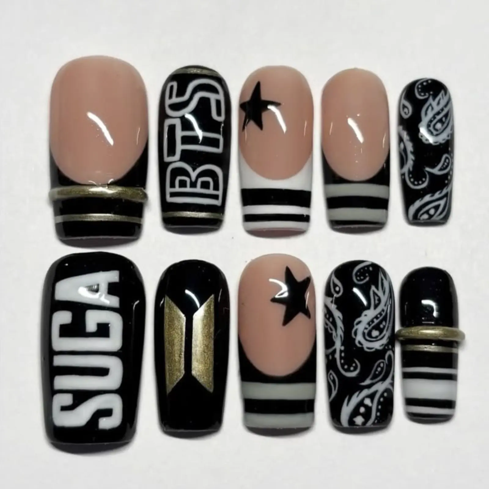 Black Nude Bandana Star Nails | Handmade Fake Nails | BST Arirang Press On Nails