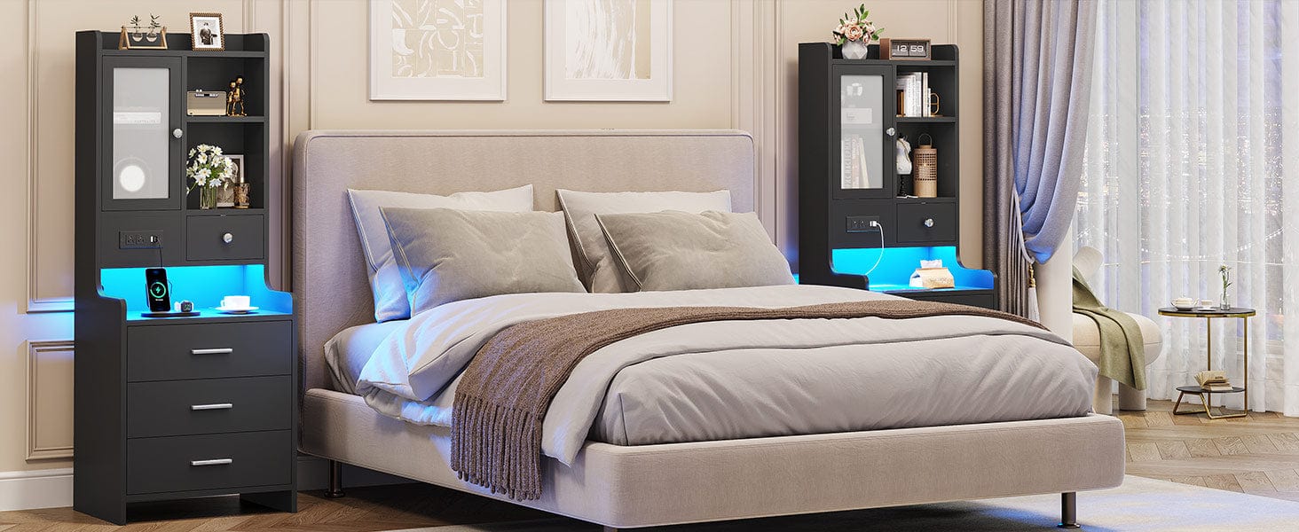 Sikaic LED Tall Nightstand Side Table with Charging Station Drawers Shelves Glass Door Storage Usb Ports Rgb Light Strips