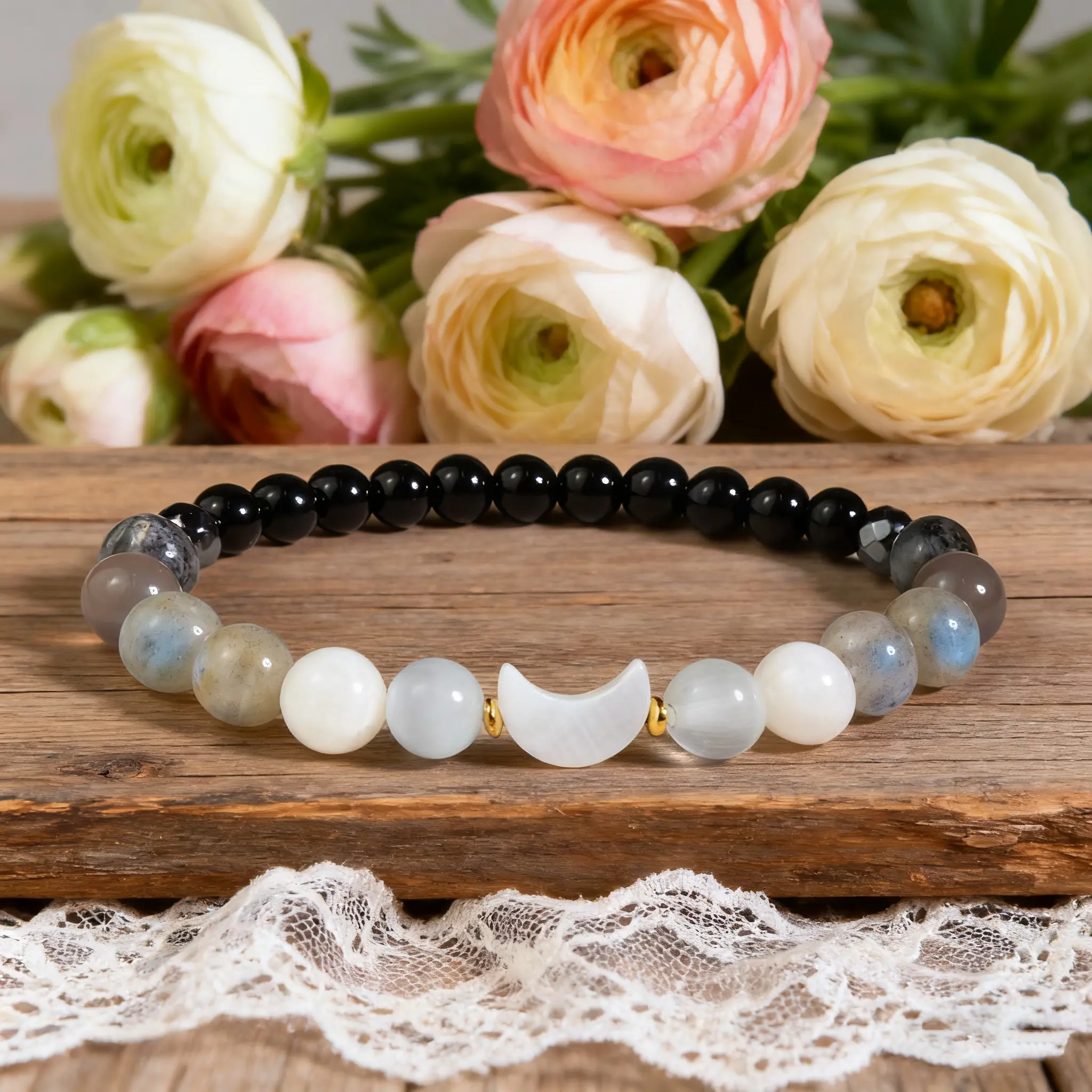 Mixed Stones Healing Focus Bracelet - Moonstone, Labradorite, Black Tourmaline Beads with Moon Phase Charm, Pure Crystals Jewelry, Classic Natural Crystal Bracelets & Anklets-Inspired Gift for Her, Crystals Bracelets, Beaded