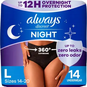 Always Discreet Adult Incontinence Overnight Underwear for Women, Large, Up to 100% Bladder Leak Protection, 48 Count (3 Packs of 16)