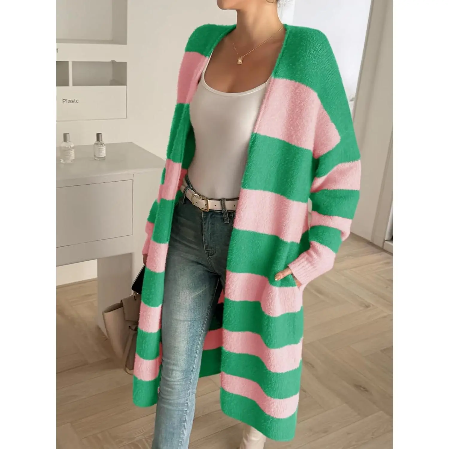 Women's Striped Long Sleeve Open Front Loose-Fitting Oversized Chunky Fuzzy Knit Duster Cardigan Tops, Fall Casual Knitwear for All Occasions