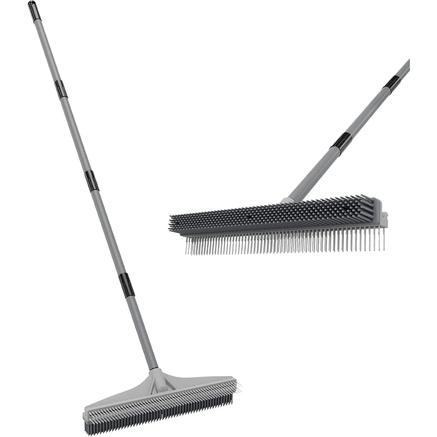 Carpet Rake for Pet Hair Removal, 61" Carpet Hair Cleaning Tool with Adjustable Long Handle, 2-in-1 Rubber Broom and Nylon Carpet Brush for  Rug, Stairs and Mats - Washable, Durable