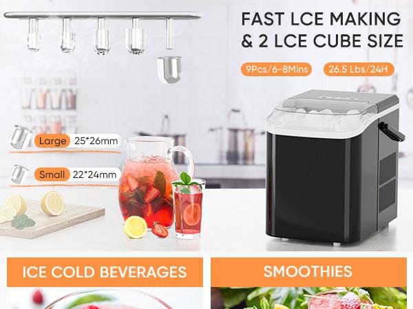SweetFurniture Countertop Ice Maker Machine, Basket and Handle, 9 Cubes in 6 Mins, 26.5lbs/24Hrs, 2 Sizes of Bullet Kitchen Utensils