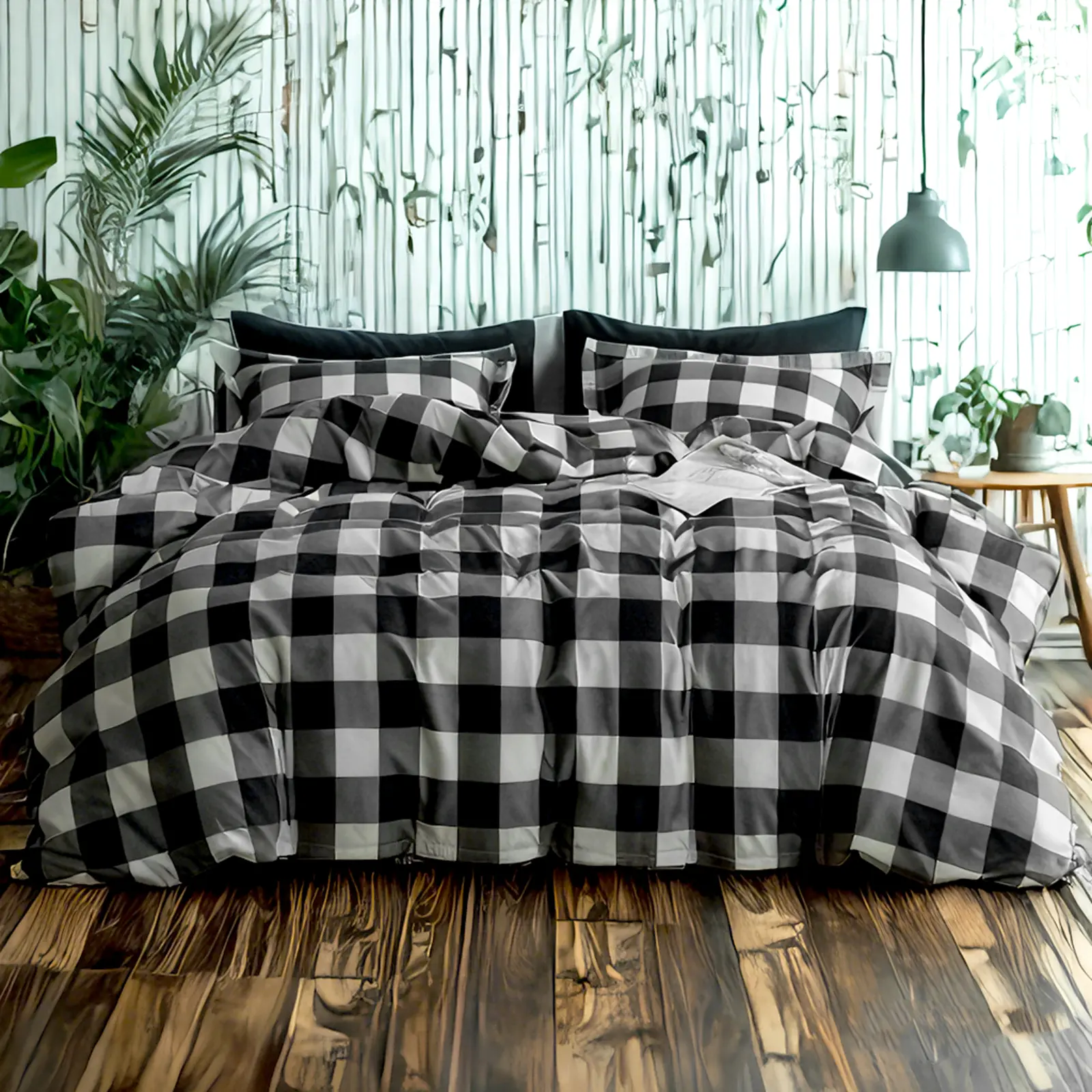 J9 Checkered Grid Weave Black White Buffalo Plaid Microfiber Bedding Set - 2/3-Piece Wrinkle Free Soft Duvet Cover for Home Bedroom, Easy Care All Season Bed Linens; Includes Pillowcases