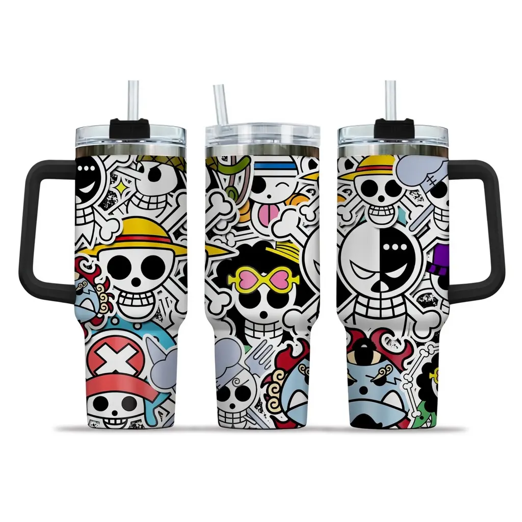 OP Symbols Insulated Tumbler with Handle and Straw - 40oz Stainless Steel Travel Mug - One Piece Gift for Fans - Double Wall Vacuum Cup for Hot/Cold Drinks, Stainless Steel Travel Mug
