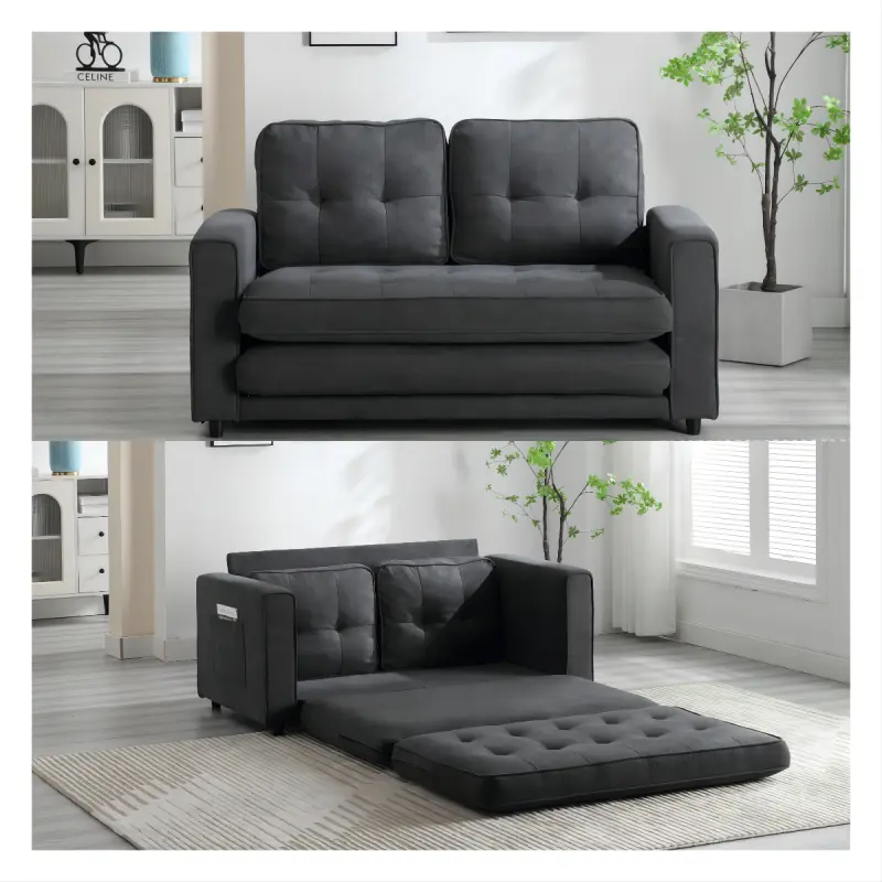 Rustic Foldable 3-Fold Convertible Futon Sofa Bed - Velvet Linen Loveseat Form with Fixed Arms, Storage, Cushion, Durable Pull-Out Bed for Living Room, Space-Saving, Supports 2, Assembly Required (Dark Gray, Light Gray, Beige)