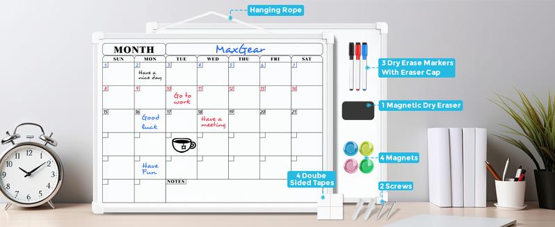MaxGear 16"x12" Double-Sided Monthly Calendar Dry Erase Board for Wall Hanging Whiteboard with 3 Markers & 4 Magnets Portable for Students Planning Drawing Memo To-Do List