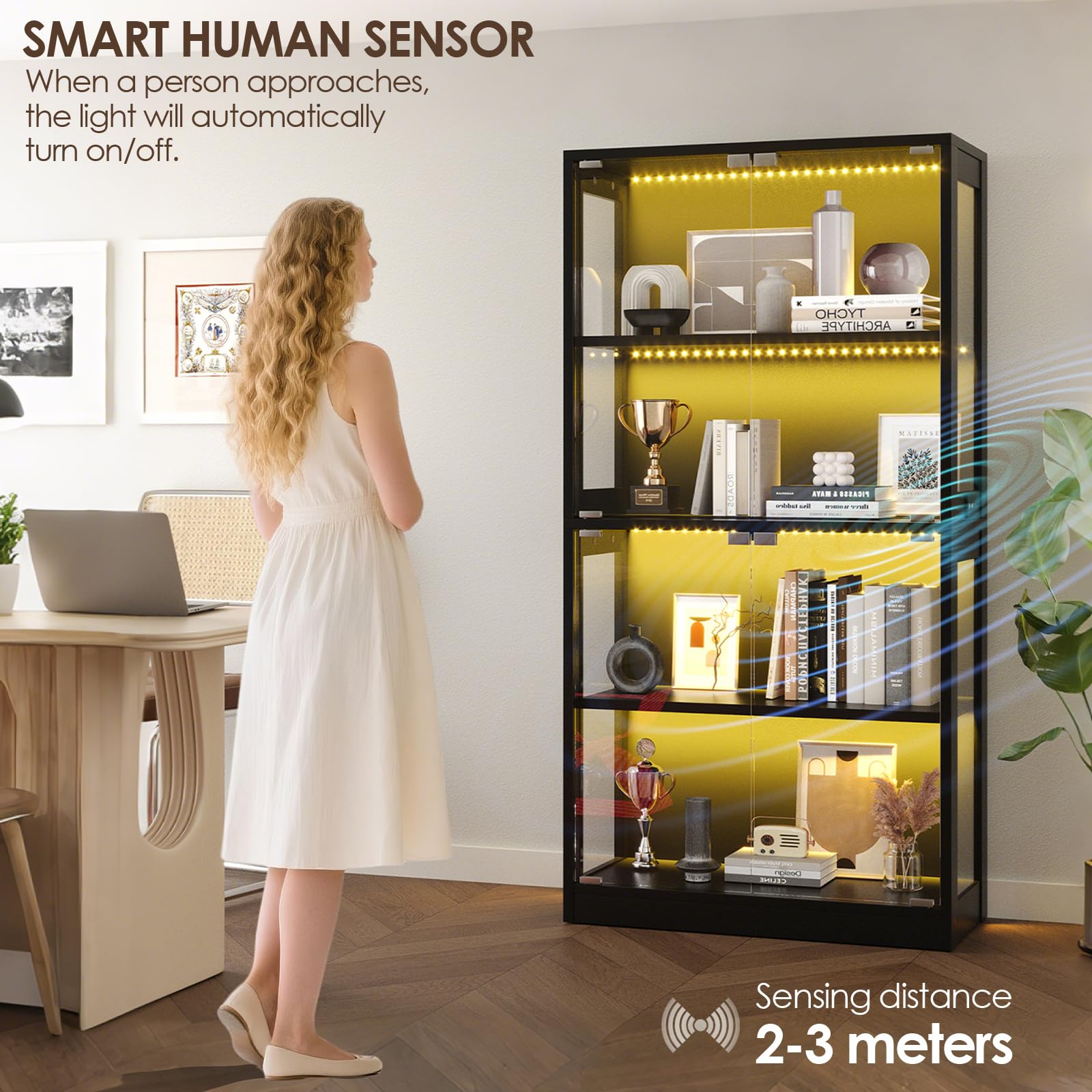 Valentine's Day gifts Display Cabinet with Glass Doors 4-Tier, 7 Vibrant Colors 3 Dynamic Lighting Modes, HD Glass Storage Cabinet with Human Body Sensor for Curio, Trophy, Collectibles