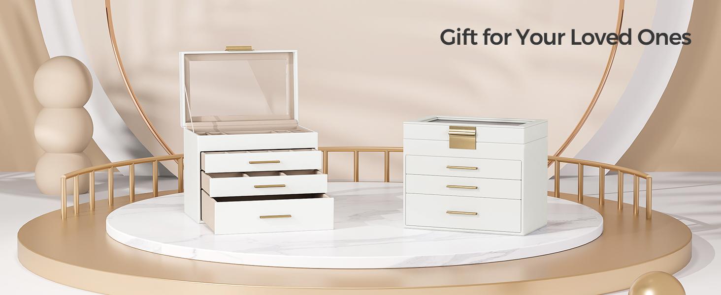SONGMICS HOME Jewelry Box with Glass Lid, 4-Layer Jewelry Organizer, 3 Drawers, for Sunglasses, Jewelry Storage, Modern Style