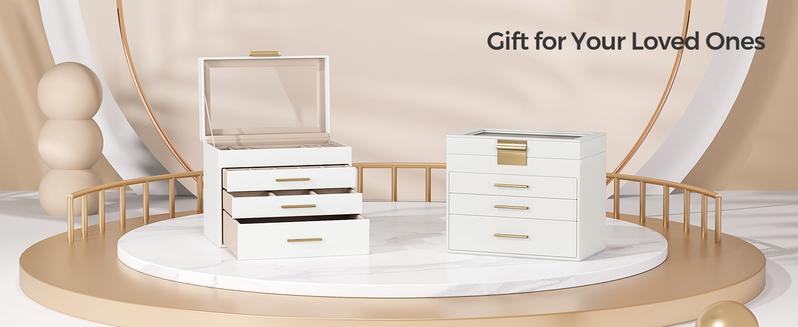 SONGMICS HOME Jewelry Box with Glass Lid, 4-Layer Jewelry Organizer, 3 Drawers, for Sunglasses, Jewelry Storage, Modern Style