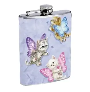 Girly Whimsy Butterfly Fairy Kittens 8oz Stainless Steel Flask