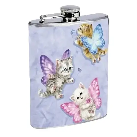 Girly Whimsy Butterfly Fairy Kittens 8oz Stainless Steel Flask