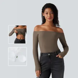 Halara Ribbed Knit Off Shoulder Long Sleeve 2-in-1 Casual Top