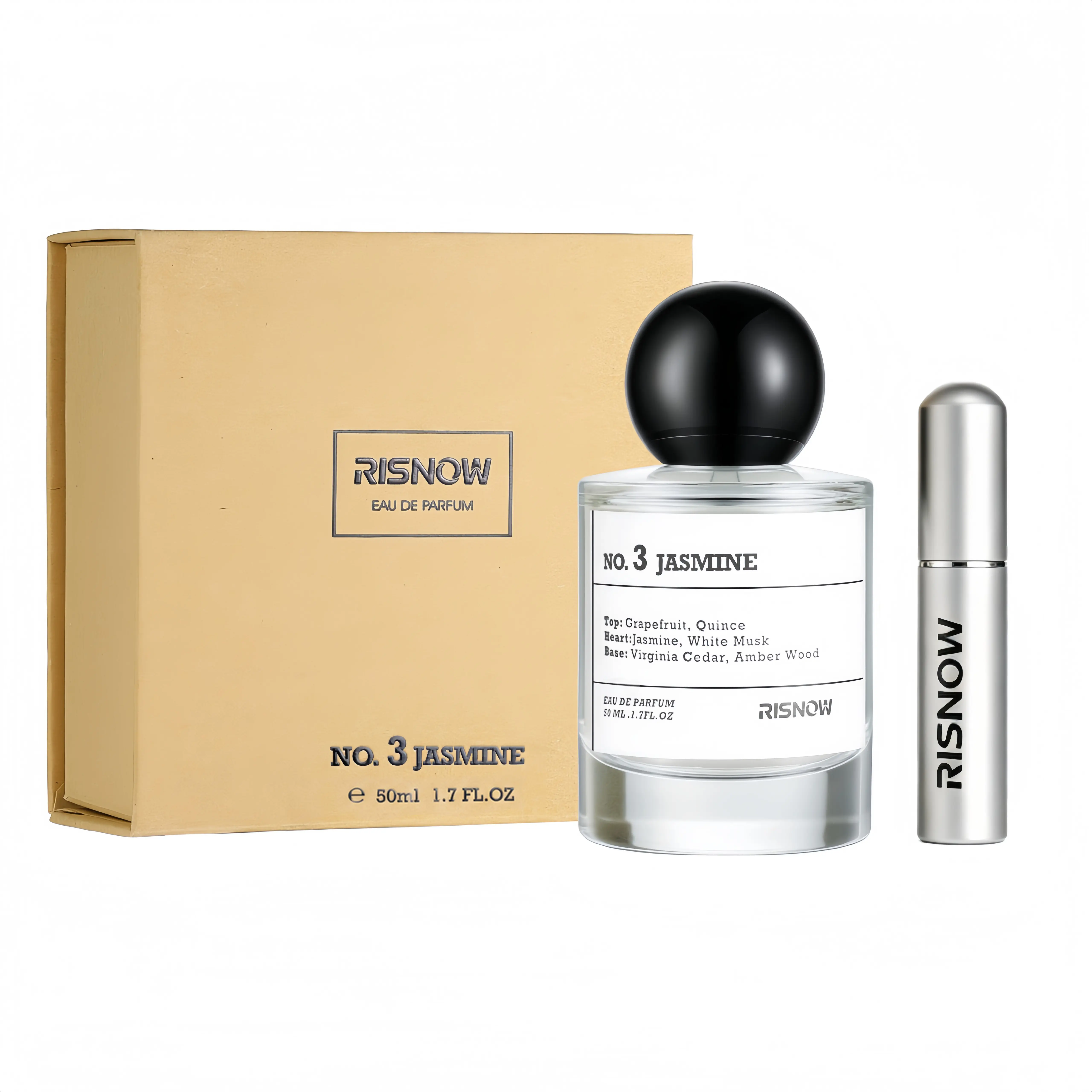 RISNOW No. 3 JASMINE Eau de Parfum 50ml+5ml Floral fragrance with Portable Travel Spray Bottle Grapefruit Jasmine Musk Amber Wood long-lasting EDP luxury perfume for women