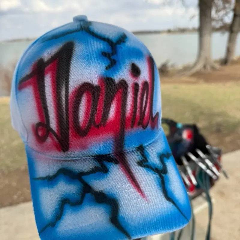 Airbrush Hat One Word - red and blue lighting Baseball Cap with Custom Name Design