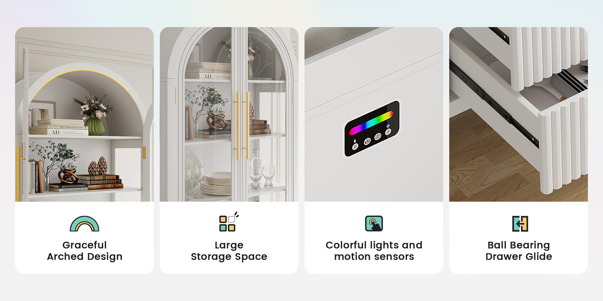 Vlsrka 71" Arched RGB Curio Cabinet with Glass Doors 4-Shelves Tall Display Cabinet and 2 Drawers LED Display Case with 20 Lights for Collectibles Book Medal Figure Vlsrka 71" Arched RGB Curio Cabinet with Glass Doors 4-Shelves Tall Display Cabinet and 2 Drawers LED Display Case with 20 Lights for Collectibles Book Medal Figure