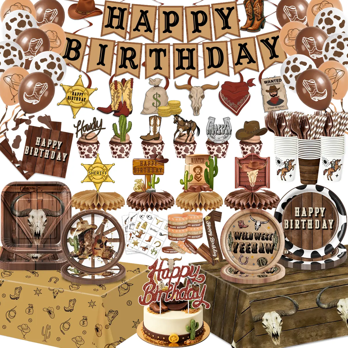 Retro Waterproof Western Party Disposable Plastic Tableware Set - Durable Plates, Napkins, Tablecloths, Banner, Latex Balloons, Cake Toppers, Honeycomb Centerpieces - Serves 26 for Cowboy Birthday Decor, Water Proof, Animal Print