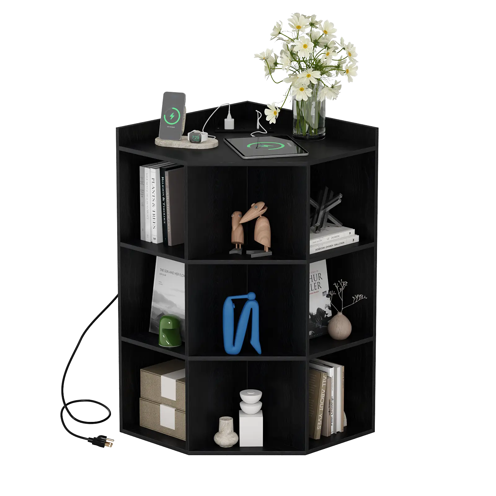 ALISENED Corner Cabinet Storage with USB Ports and Outlets, Corner Cube Storage, Cubby Bookshelf with 9 Cubes for Playroom, Bedroom, Living Organizer Nightstand
