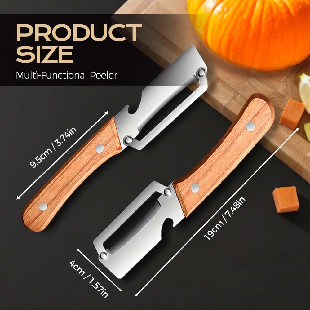 Wooden-Handled Stainless Steel Sharp Peeler with Built-In Bottle Opener for Fruits & Vegetables Ergonomic Non-Slip Handle Long-Lasting Construction Essential Kitchen Tool