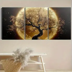 3-Piece Set of Luxurious Gold Abstract Full Moon Money Tree, Home Decoration, Wall Art, Room Decoration, Holiday Gift, Living Room, Bedroom, Dining Room Office Hanging Picture