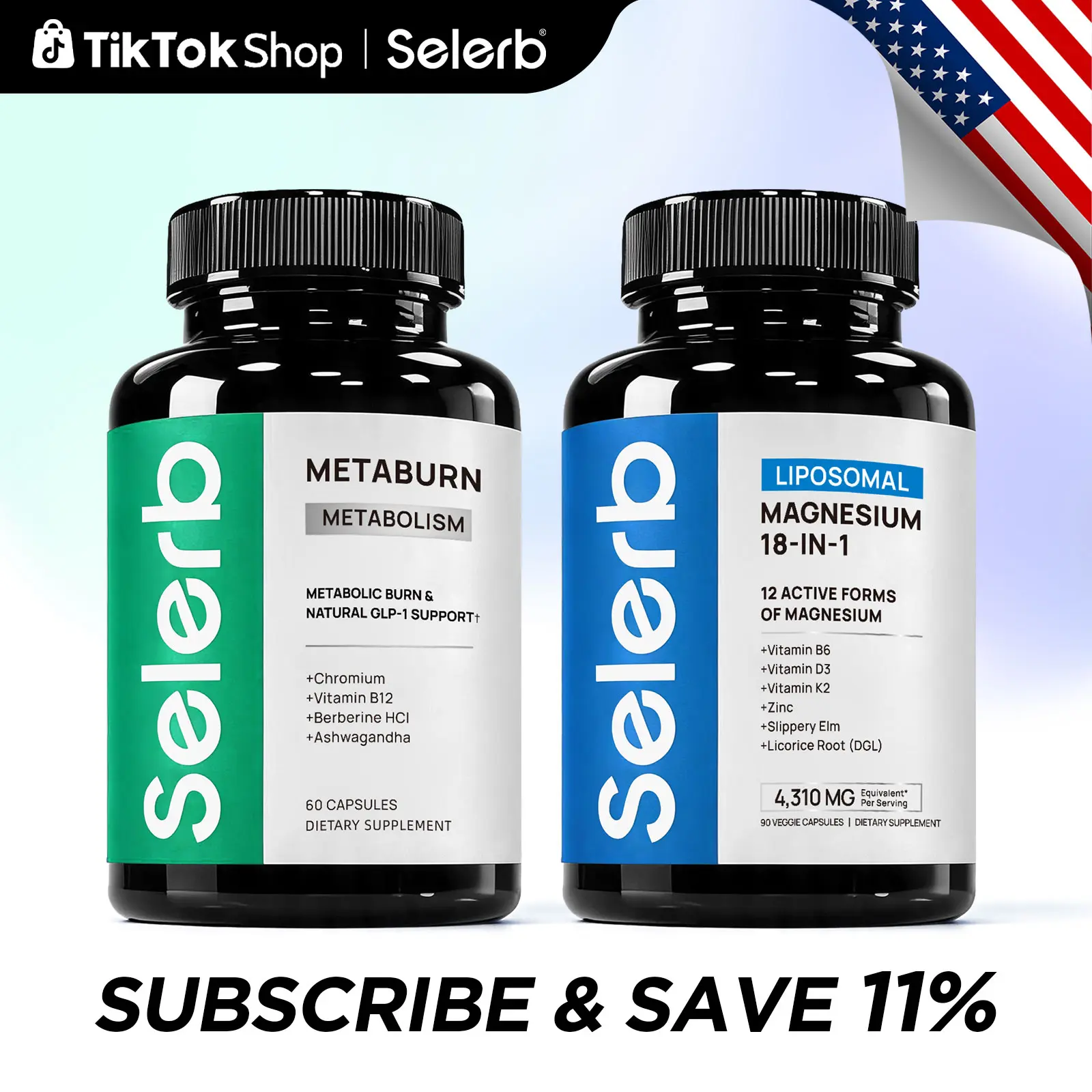 Selerb Magnesium Complex + Metaburn Bundle – 4 Types of Magnesium, B6, D3, Zinc, Chromium, Vitamin B12 & Berberine HCI – Sleep Comfort, Muscle Relaxation & Daily Nutrient Care