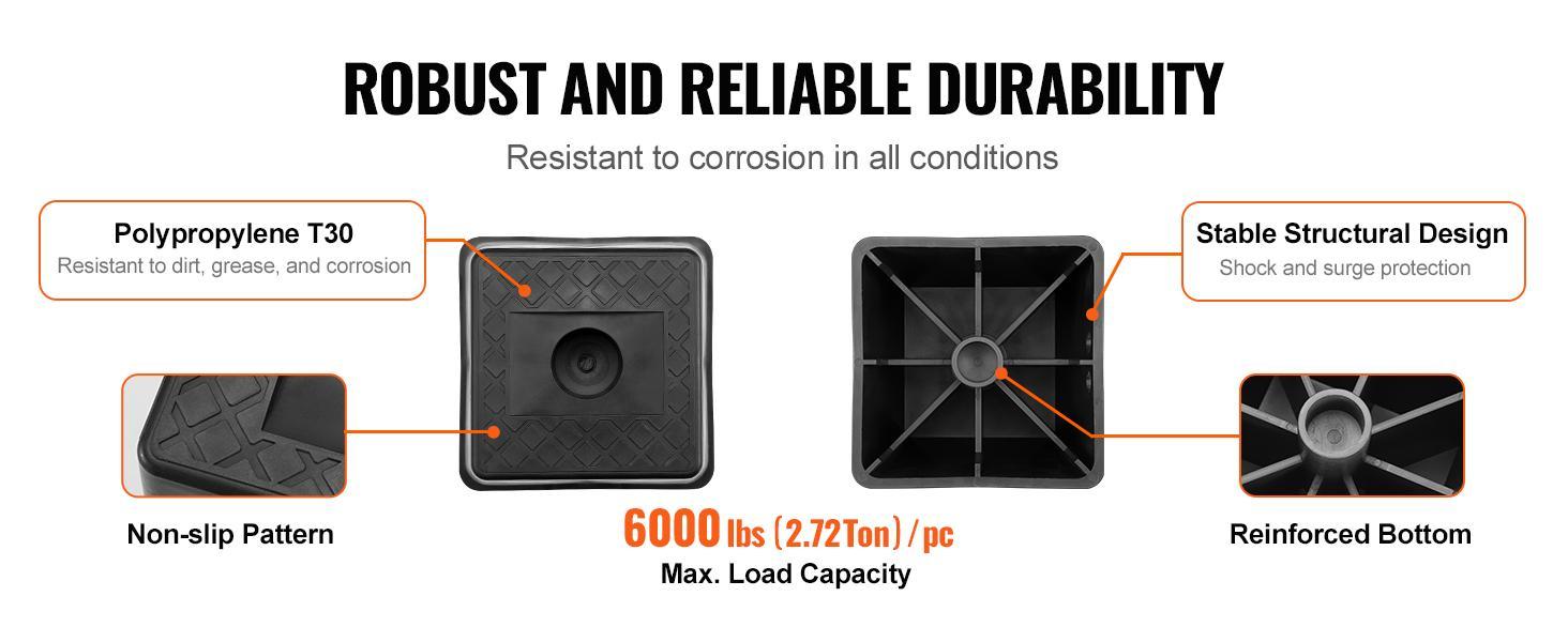 VEVOR Trailer Jack Block, TikTokShopBlackFriday, 6000 lbs Capacity per RV Leveling Block, High-quality Polypropylene RV Camper Stabilizer Blocks, RV Travel Accessories Use for Any Tongue Jack, Post, Foot, 5th Wheels, 4-Pack