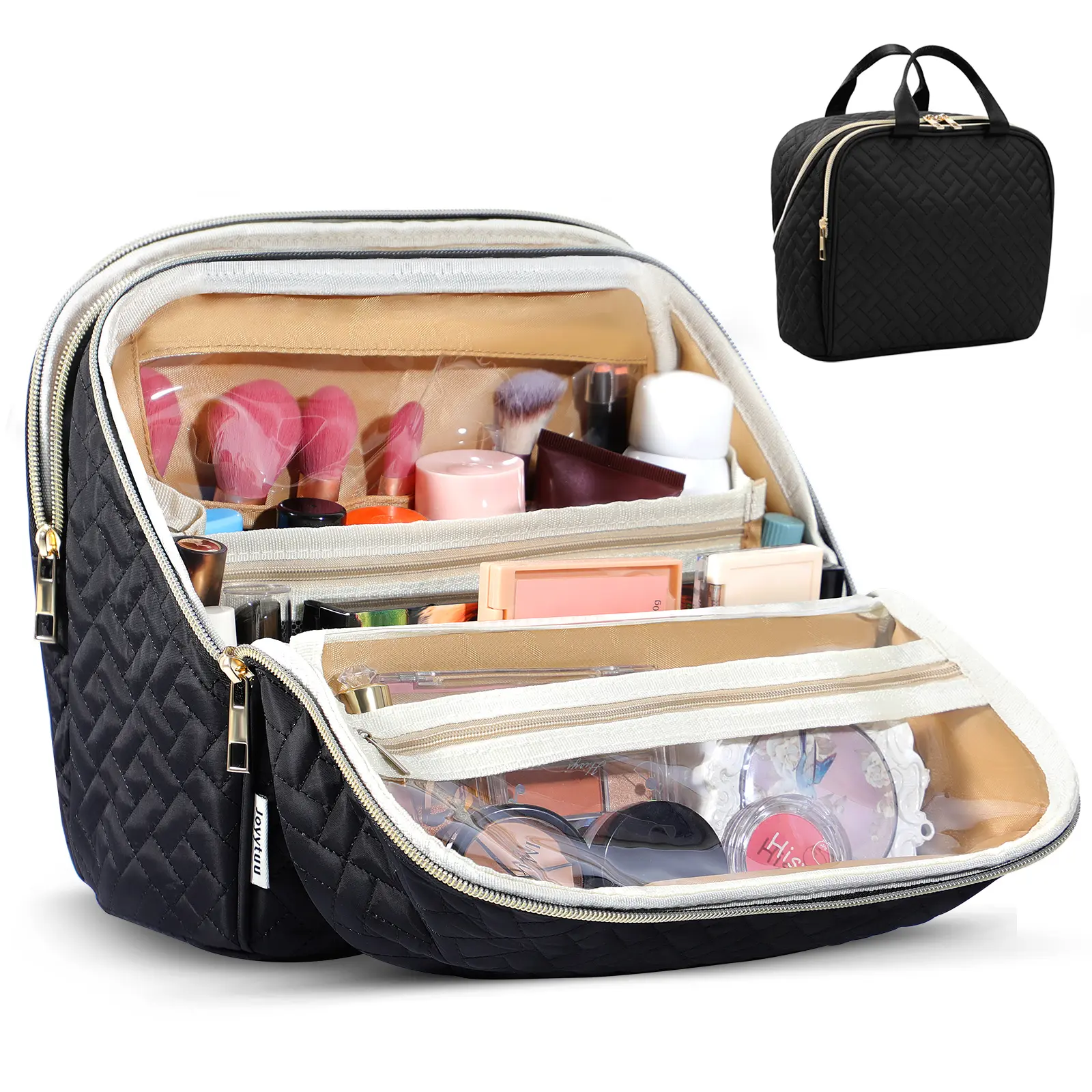 Black Large-Capacity Waterproof Makeup Bag - Portable Standing Cosmetics Organizer, Travel Organizer, Portable Vanity, Chic & Casual Make-Up Bag with Handle
